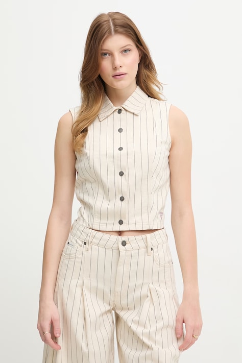 Guess Jeans kamizelka damska bawełniana beżowa W6GHZ9 D7961