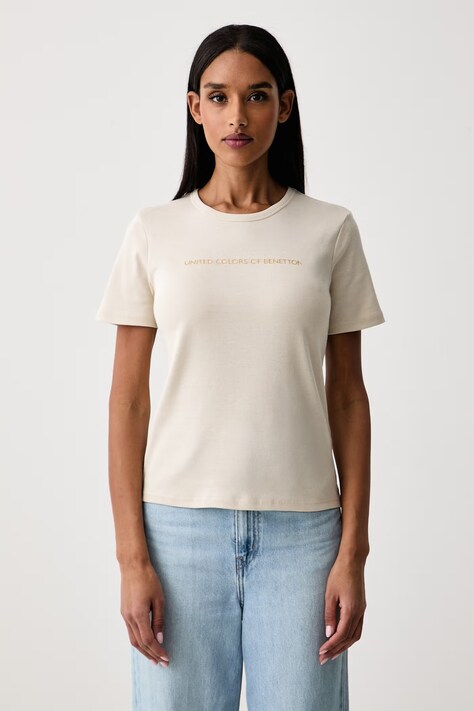 United Colors of Benetton T-shirt damski bawełniany beżowy 3GA8E16A2
