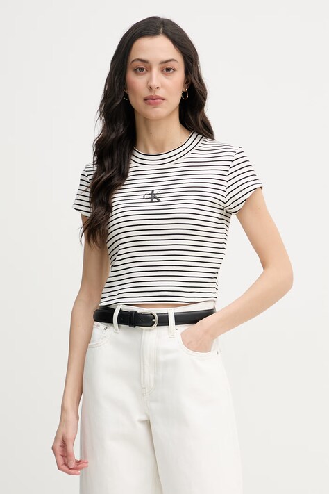 Calvin Klein Jeans crop top damski bawełniany z elastanem beżowy LV047F833G