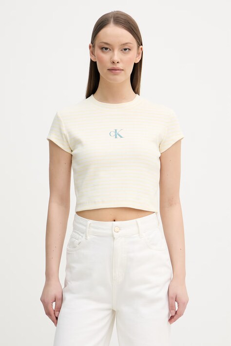 Calvin Klein Jeans crop top damski bawełniany z elastanem beżowy LV047F833G