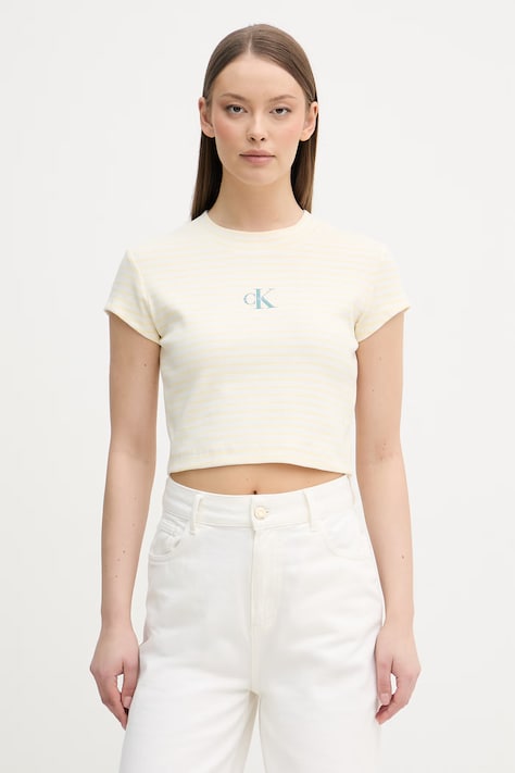 Calvin Klein Jeans crop top dámský bavlněný s elastanem béžový LV047F833G