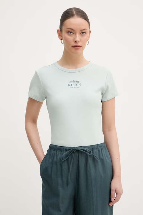 Calvin Klein Jeans majica ženska od pamuka s elastanom tirkizna LV047F240G