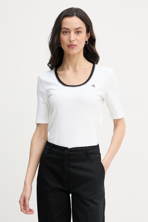 Calvin Klein Jeans T-shirt damski bawełniany z elastanem beżowy LV047F247G