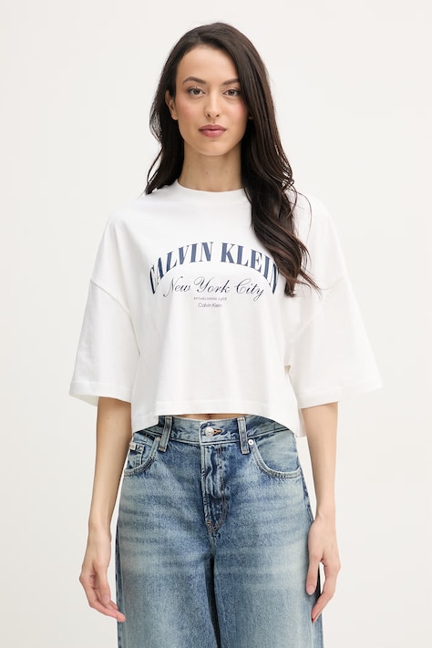 Calvin Klein Jeans T-shirt damski bawełniany beżowy LV047F813G