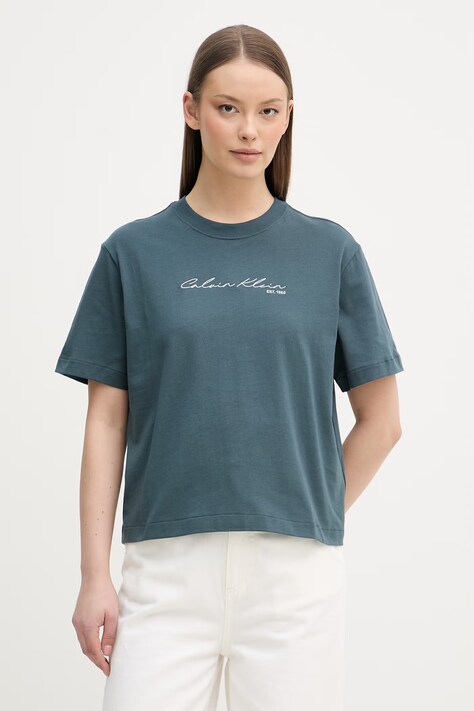Calvin Klein Jeans T-shirt damski bawełniany turkusowy LV047F820G