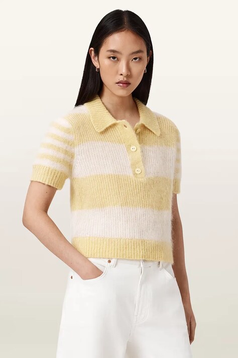AllSaints Sweter z krótkim rękawem damski z wełną CLEM żółty W002KE