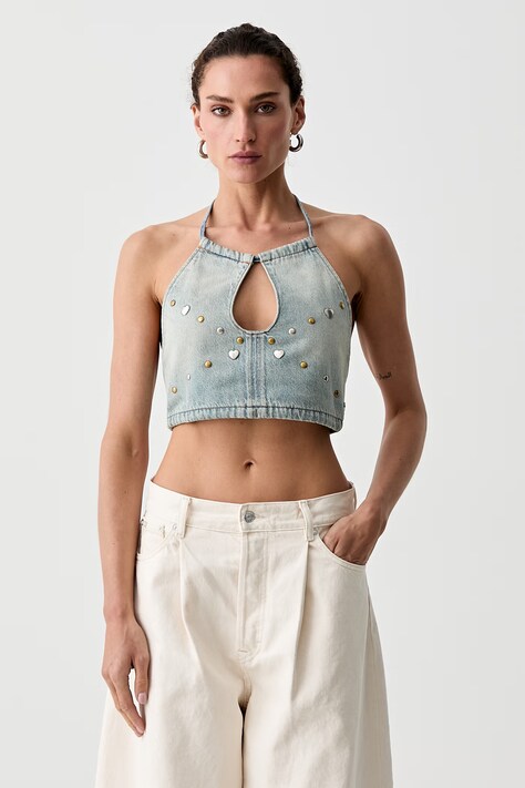 Levi's top damski jeansowy ROAD WORN HALTER x PRIDE niebieski gładki 0065S