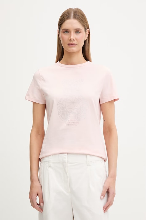 Guess T-shirt damski bawełniany z elastanem ROMY różowy V6GI12 K3325