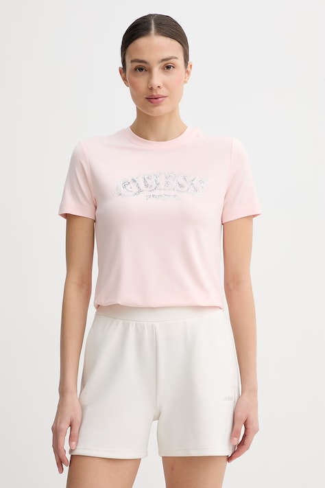 Guess t-shirt damski z wiskozy LEONA różowy V6GI15 K2982