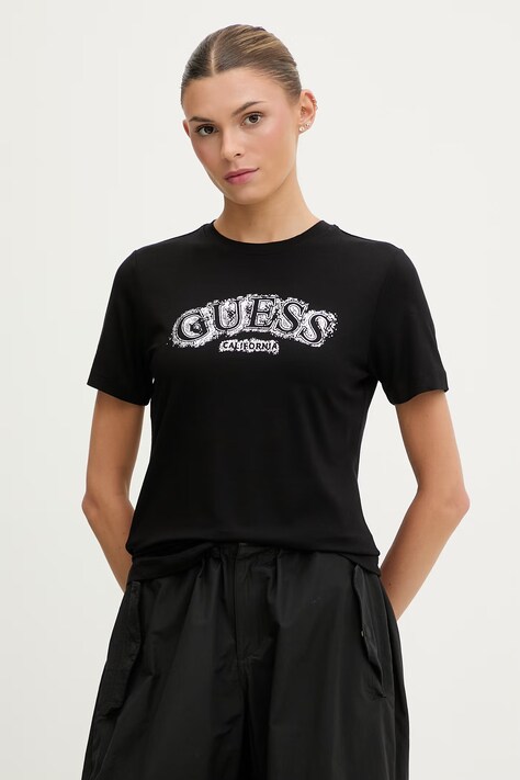 Guess t-shirt damski z wiskozy LEONA czarny V6GI15 K2982