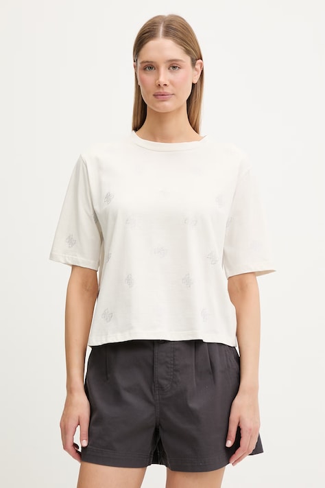 Guess T-shirt damski bawełniany SILVY beżowy V6GI18 K2985