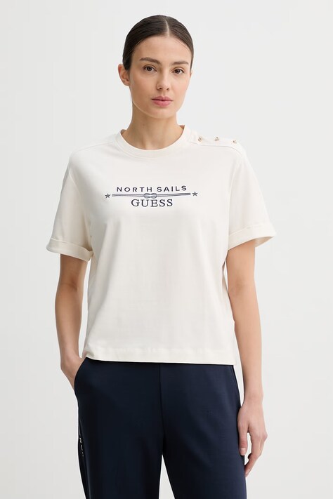 Guess T-shirt damski X NORTH SAILS beżowy W6GI03 K2657