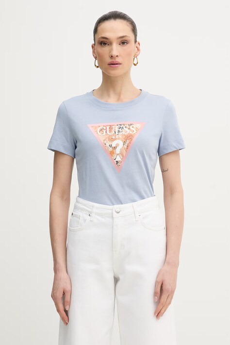 Дамска памучна тениска Guess в синьо W6GP03 K2754