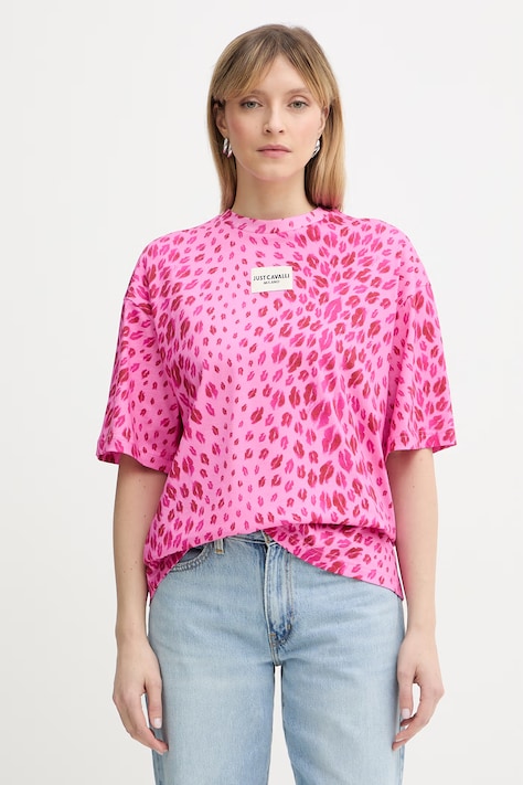 Just Cavalli t-shirt bawełniany damski kolor różowy 80PAHE05 CJ110