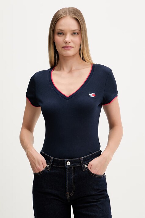 Tommy Jeans T-shirt damski bawełniany z elastanem granatowy DW0DW22275