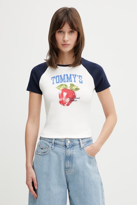 Tommy Jeans T-shirt damski bawełniany z elastanem beżowy DW0DW22303