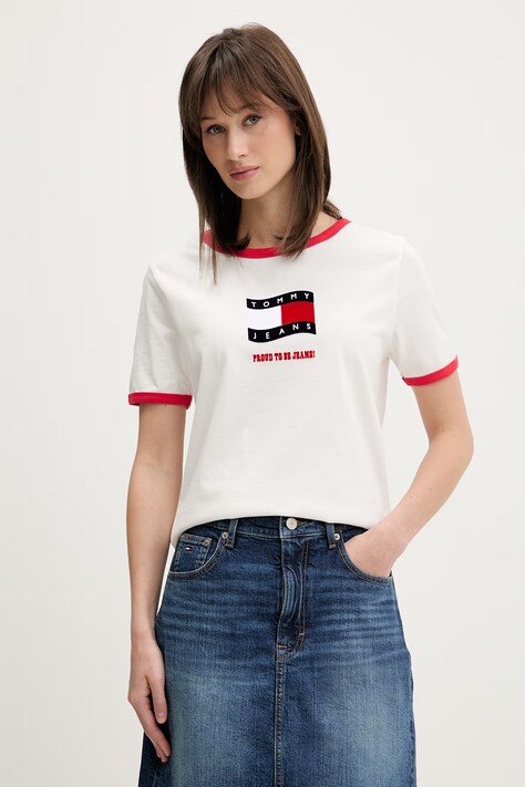Tommy Jeans T-shirt damski bawełniany beżowy DW0DW22306