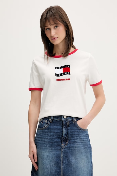 Tommy Jeans T-shirt damski bawełniany beżowy DW0DW22306