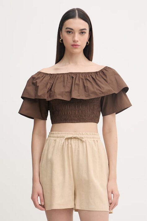 Gaudi bluzka z falbanką damska bawełniana brązowa gładka 611FD45012