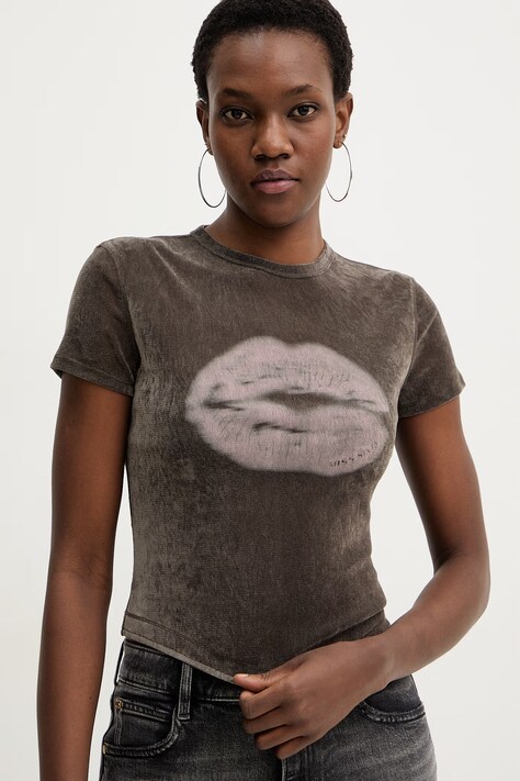 Miss Sixty t-shirt welurowy damski kolor brązowy 6M1SJ34300