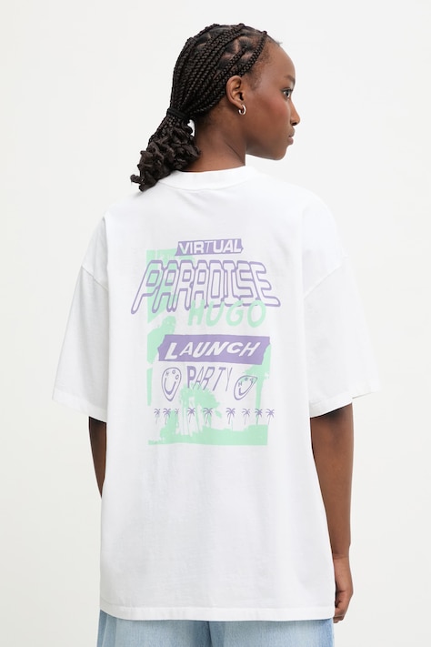 HUGO Blue T-shirt damski bawełniany Oversized_Tee_B beżowy 50560784