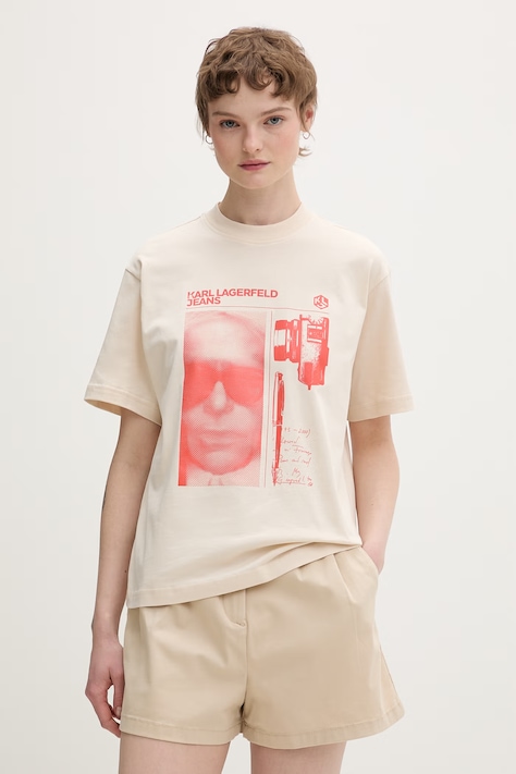 Karl Lagerfeld Jeans t-shirt damski bawełniany beżowy B2W17073