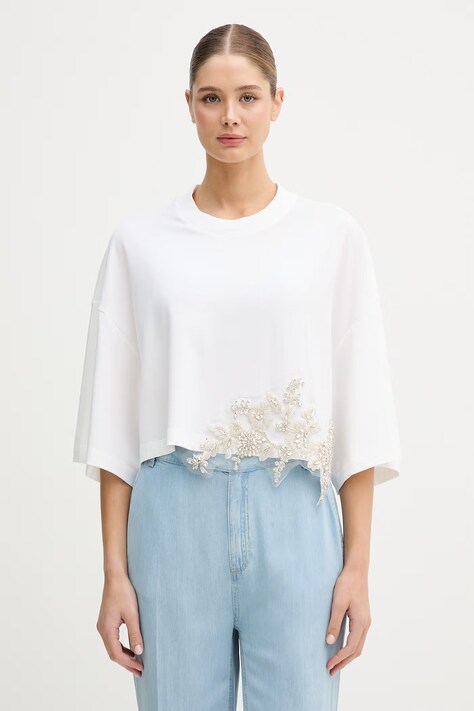 Blugirl Blumarine t-shirt damski bawełniany z elastanem biały RA6153.JS003