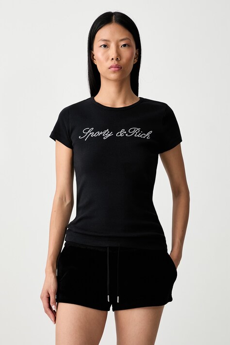 Sporty & Rich Signature Logo Krystal T-shirt bawełniany damski czarny TO13071326BA01