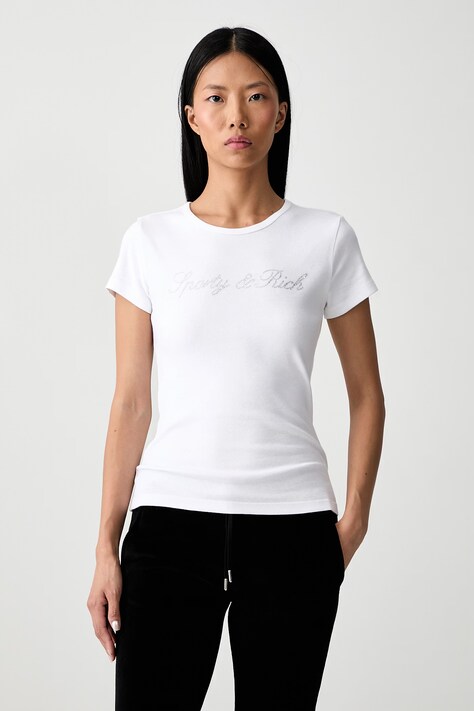 Sporty & Rich Signature Logo Krystal T-shirt bawełniany damski biały TO13071326WH01