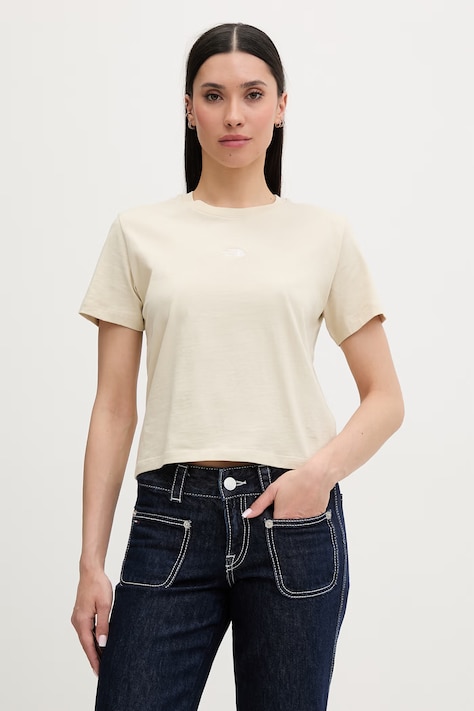 The North Face crop top damski bawełniany ESSENTIAL beżowy NF0A8GR1DOM1