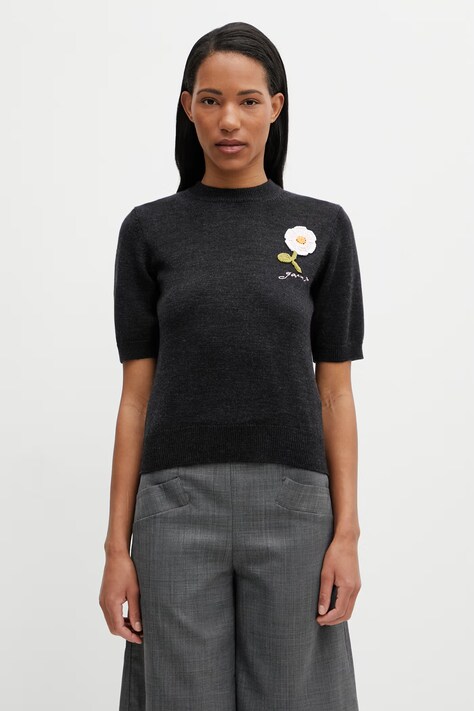 GANNI sweter z krótkim rękawem z wełny damski czarny A1070268