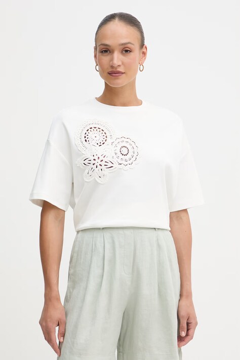 Sisley T-shirt damski bawełniany z elastanem beżowy 3FOLL108Z