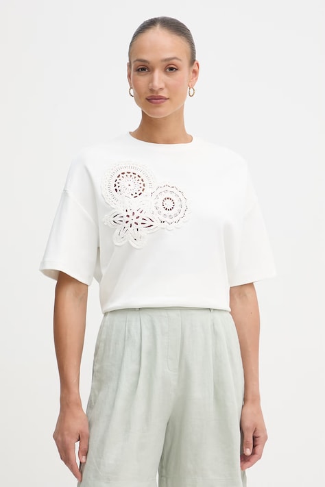 Sisley T-shirt damski bawełniany z elastanem beżowy 3FOLL108Z