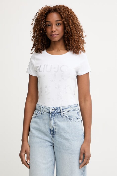 Liu Jo T-shirt damski bawełniany z elastanem beżowy VA6171 JS003