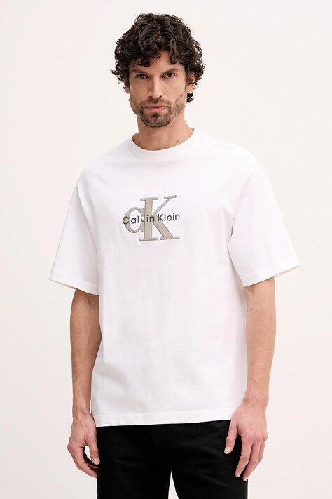Calvin Klein Jeans t-shirt bawełniany męski kolor beżowy z aplikacją LV04RE815G