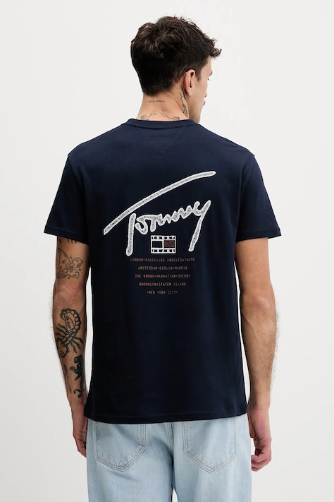 Bavlněné tričko Tommy Jeans pánské, tmavomodrá barva, s potiskem, DM0DM22320