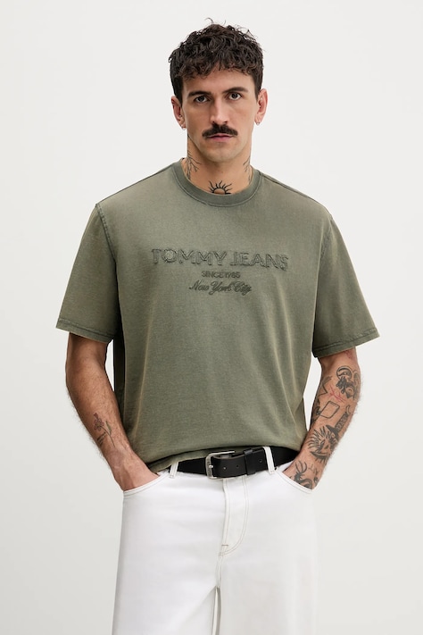Tommy Jeans t-shirt bawełniany męski kolor zielony z aplikacją DM0DM22330