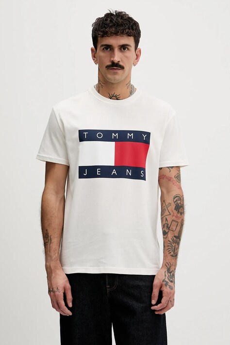 Tommy Jeans t-shirt bawełniany męski kolor beżowy z nadrukiem DM0DM22645