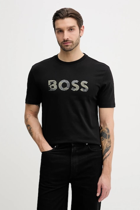 BOSS Orange tricou din bumbac Te_Insignia culoarea negru, cu imprimeu, 50556009