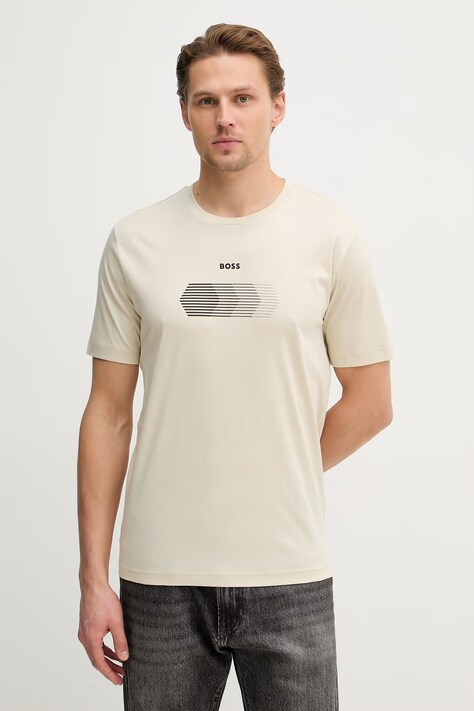 BOSS Green t-shirt bawełniany TS_Unity męski kolor beżowy z nadrukiem 50554557