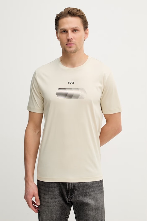 BOSS Green t-shirt bawełniany TS_Unity męski kolor beżowy z nadrukiem 50554557