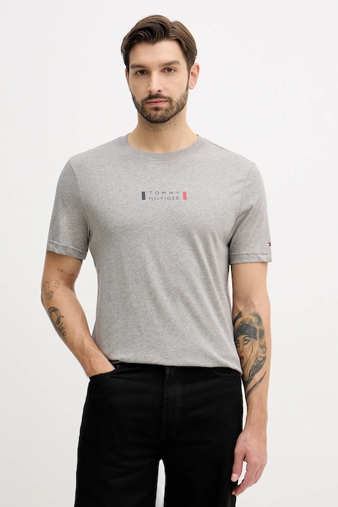 Bavlnené tričko Tommy Hilfiger pánske, šedá farba, s potlačou, MW0MW41453