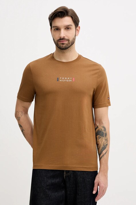 Tommy Hilfiger t-shirt bawełniany męski kolor brązowy z nadrukiem MW0MW41453