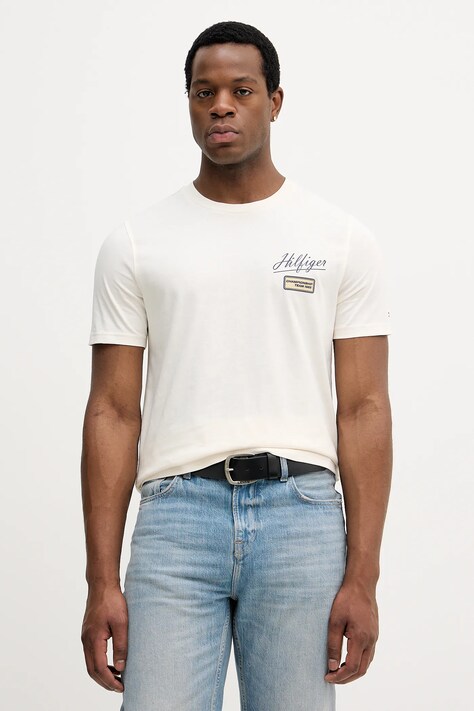 Tommy Hilfiger t-shirt bawełniany męski kolor beżowy z nadrukiem MW0MW41471