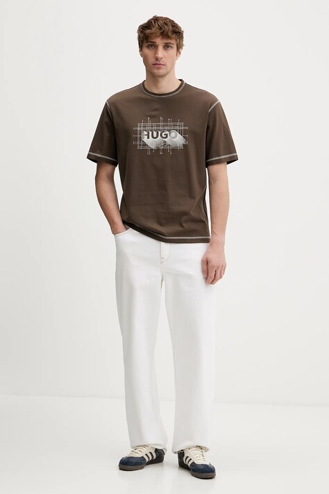 Hugo Blue t-shirt bawełniany Nothal męski kolor brązowy z nadrukiem 50553498