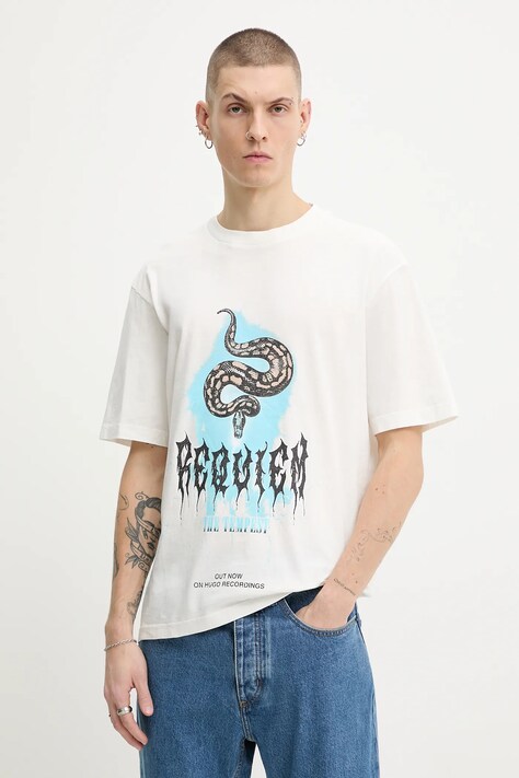 Hugo Blue t-shirt bawełniany męski kolor beżowy z nadrukiem 50554368