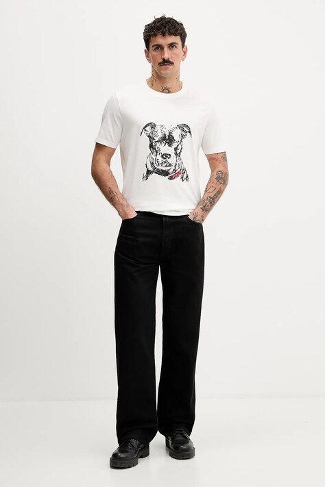 HUGO t-shirt bawełniany męski kolor biały wzorzysty 50553779