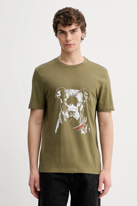 HUGO t-shirt bawełniany męski kolor zielony wzorzysty 50553779