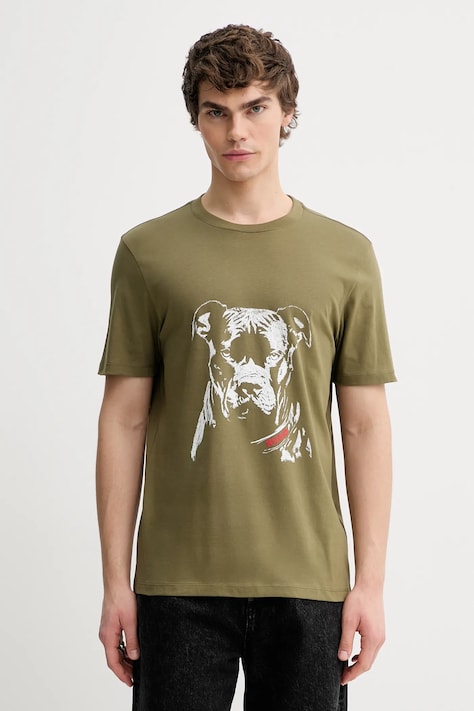 Bavlnené tričko HUGO pánske, zelená farba, vzorované, 50553779