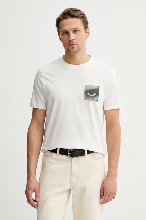 HUGO t-shirt bawełniany  Deyss męski kolor beżowy z nadrukiem 50553755